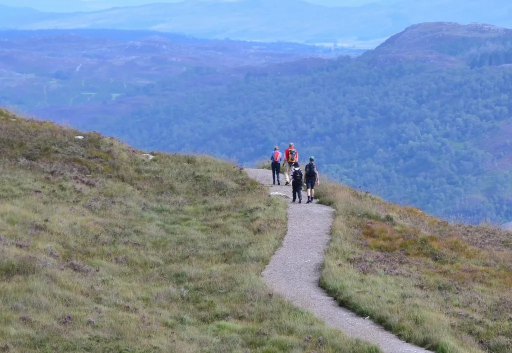 Randonneurs de dos sur le Great Glen Way, au-dessus du Loch Ness